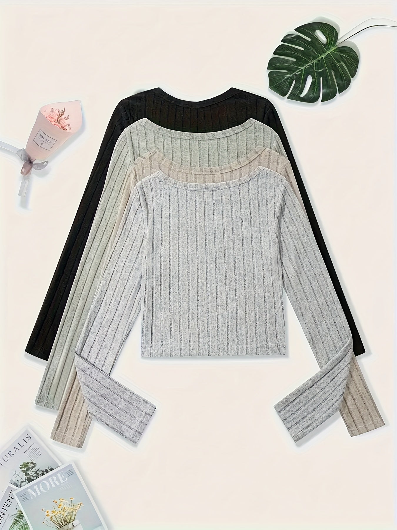 Solid Color Scoop Neck Ribbed T-shirt {4pcs}