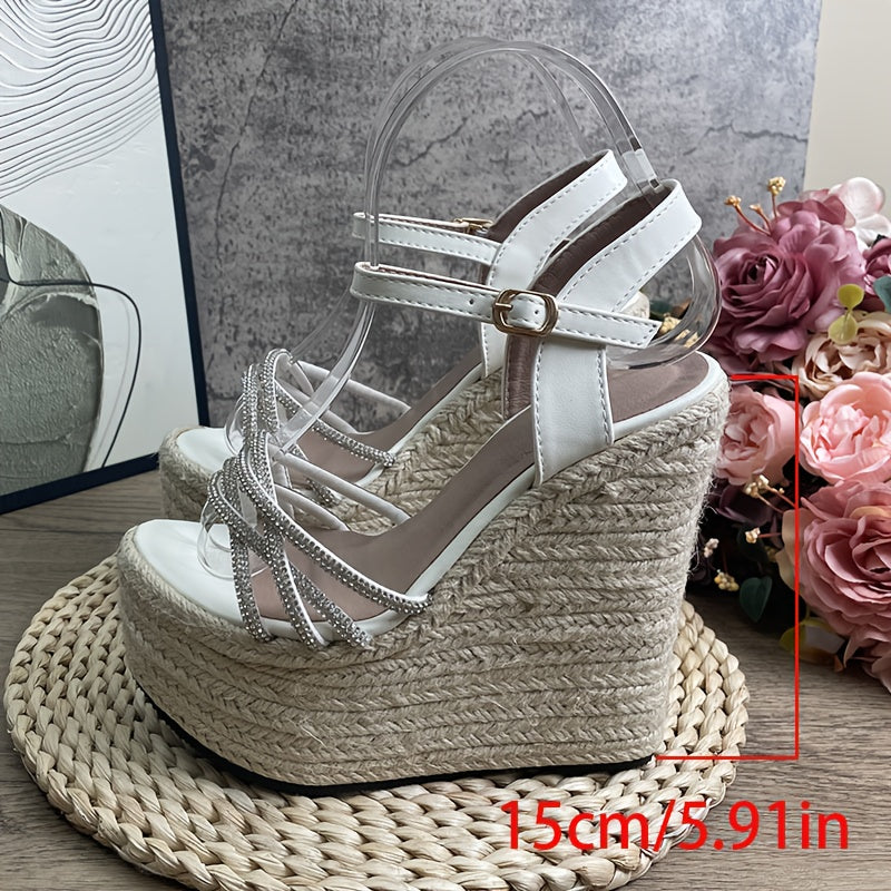 Women's Elegant Platform High Heel Sandals - Open Toe Formal & Casual Shoes for Parties, Office, Everyday - Beige/with Metallic Buckle Closure - Thick Platform Wedge Heel - Cushioned Insole & Non-Slip Rubber Sole
