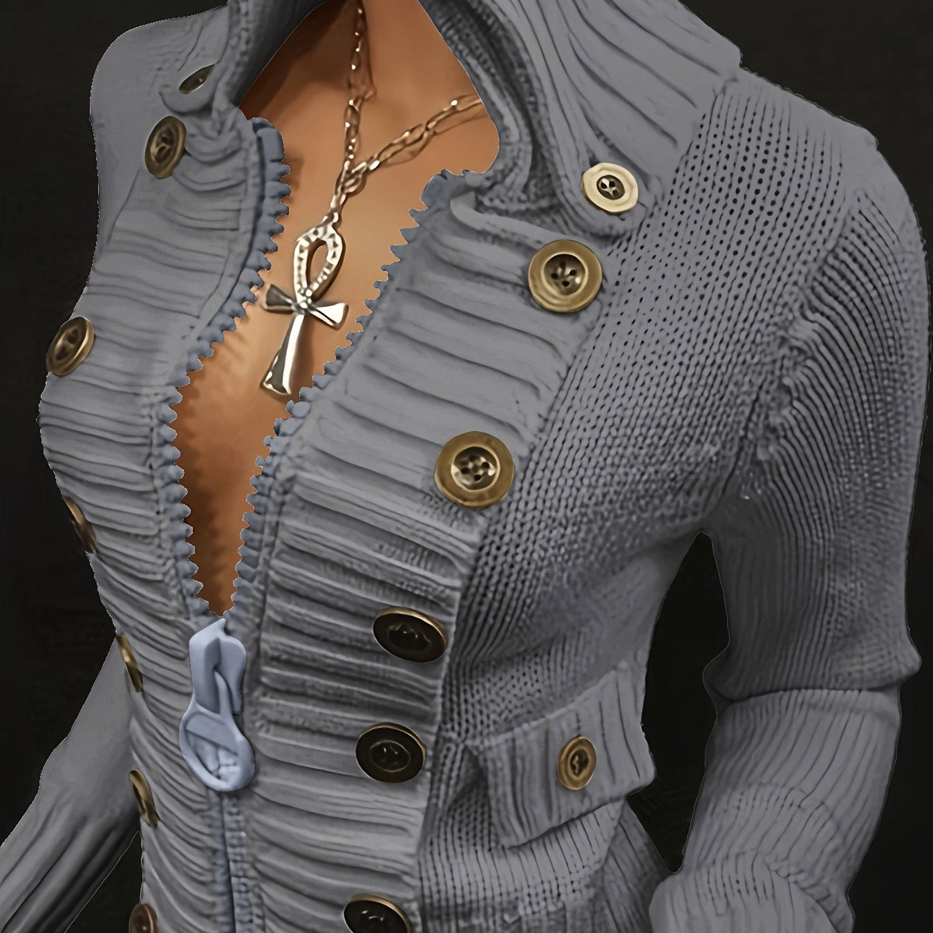 Women's Black Cardigan - Slim-Fit Sweater with Front Zipper & Golden Buttons, Elegant Stand-Up Collar for Formal/Casual Outfits - All-Season Chic Jacket, Versatile Layering, Modern Knitwear, Premium Finish, Fashionforward Wom