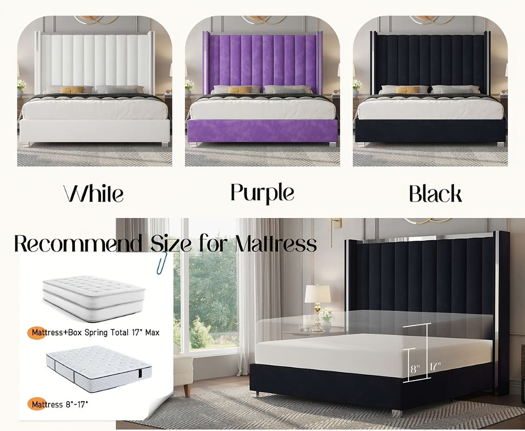 Modern Velvet Platform Bed with Channel Tufted Wingback Headboard