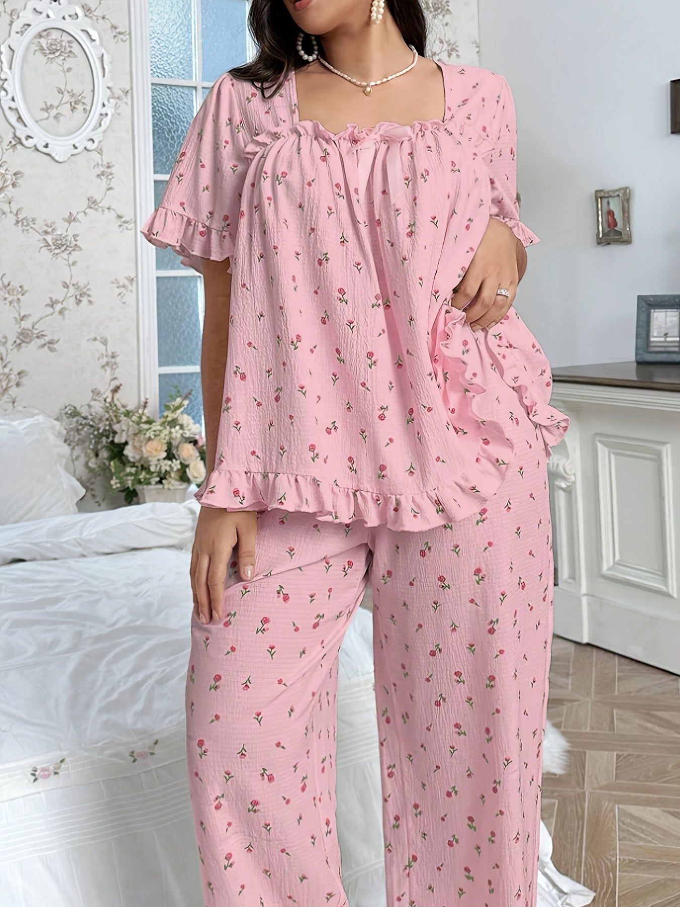 Casual Loose Floral Print Square Neck Bow Decor Pleated Hem Ruffle Edge Short Sleeve Top Set