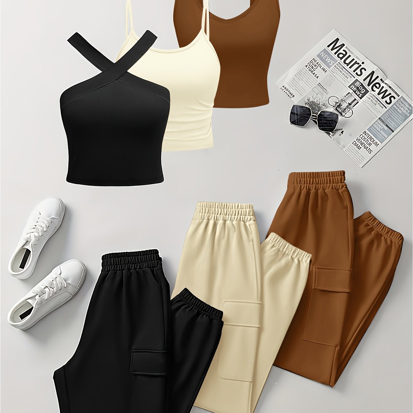 {6pcs} Sleeveless Camisole Pocket Overalls Solid Color Set