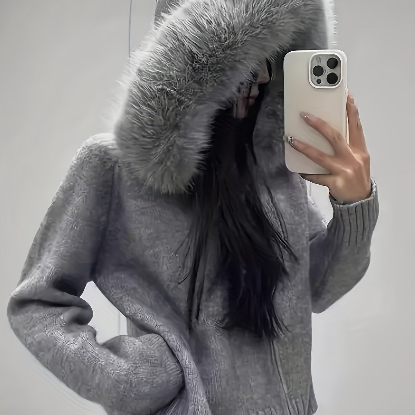 Hooded Zip-Up Cardigan with Faux Fur Trim