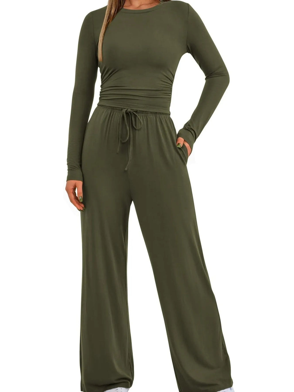 Round Neck Long Sleeve Top and Pants Set