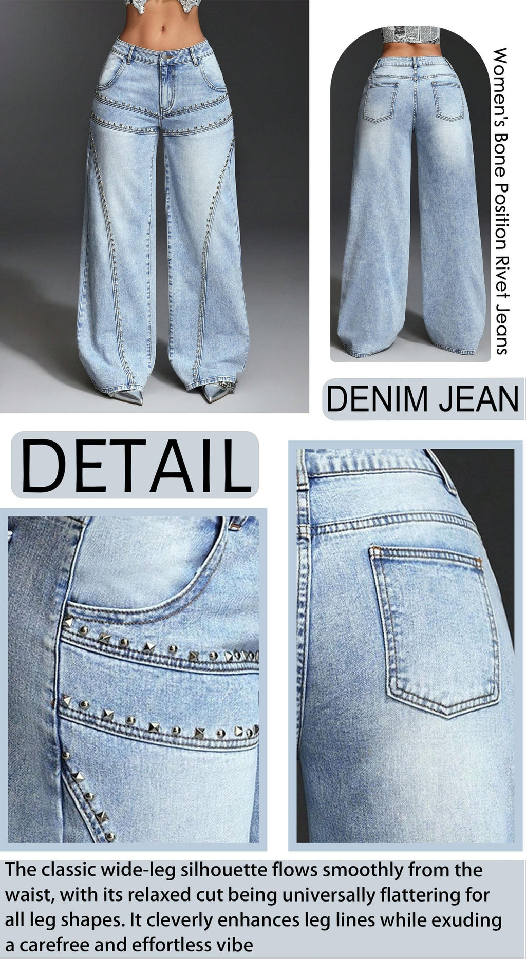 Pocket Stud Inlaid Loose Wide Leg Jeans