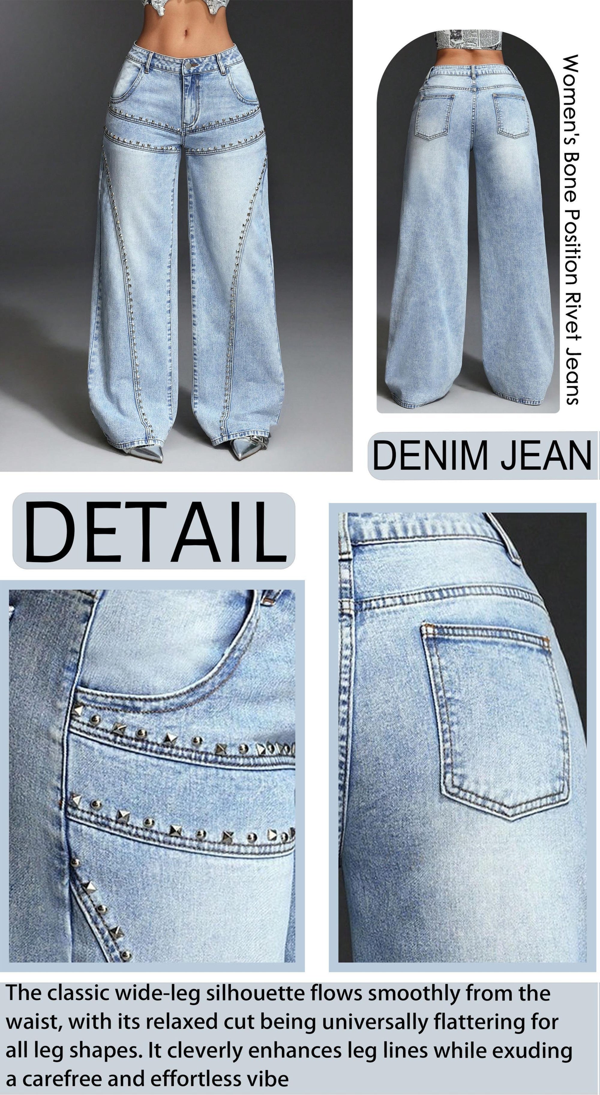 Pocket Stud Inlaid Loose Wide Leg Jeans