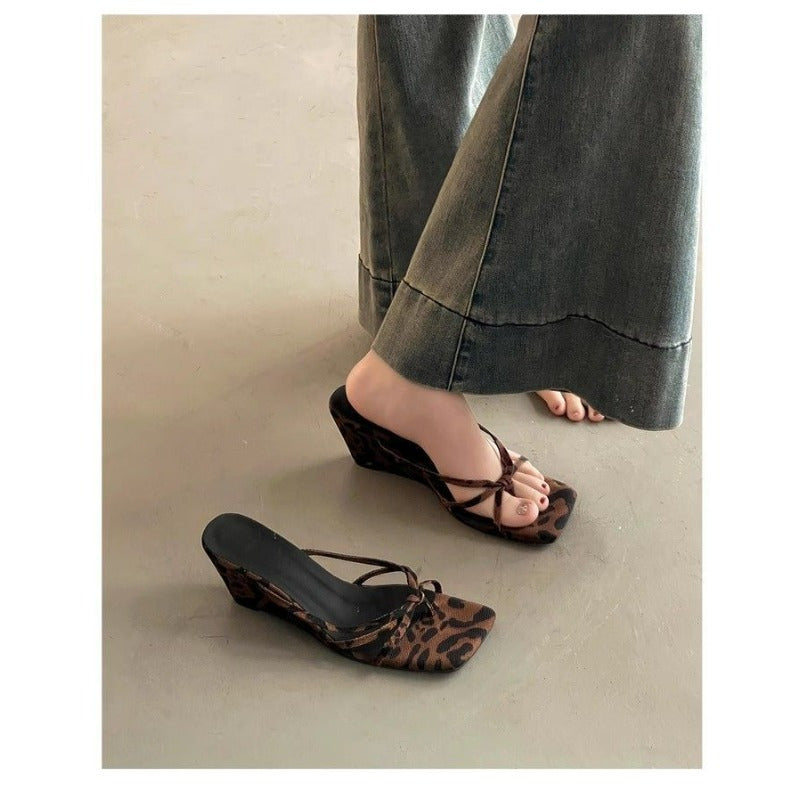 Leopard Print Wedge Heel Slippers