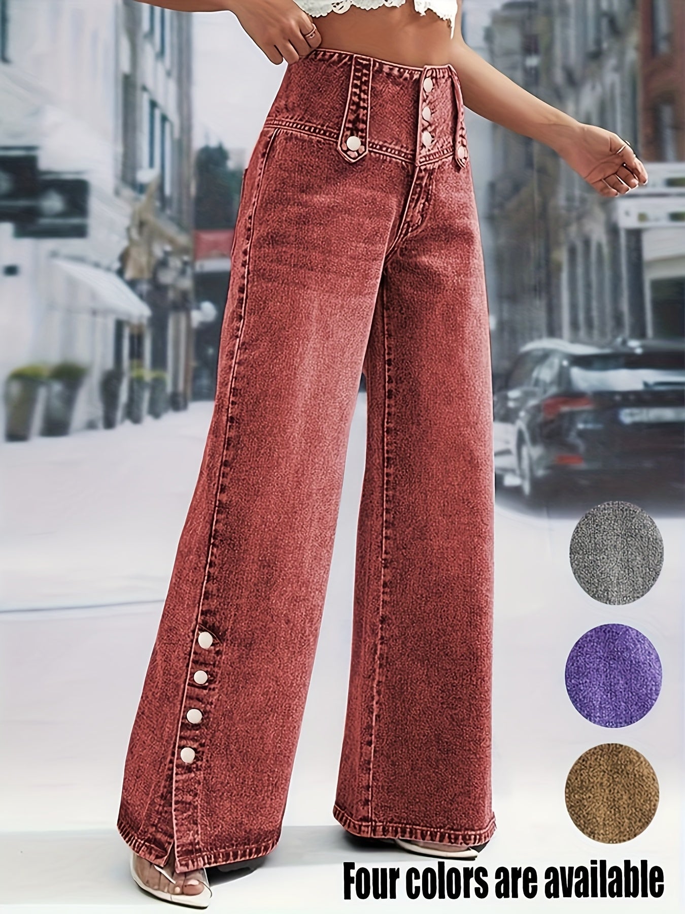 High-Waisted Snowflake Denim Pants with Buckle & Snap Closure
