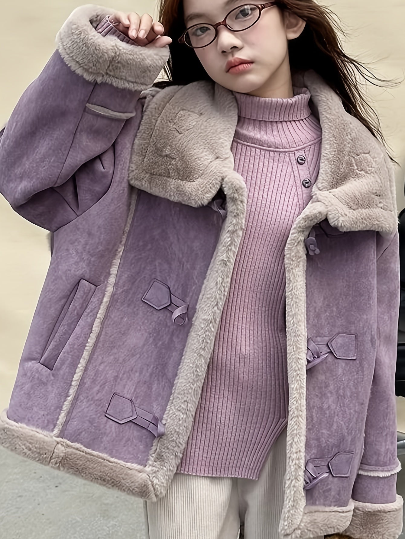 Plush-Lined Button-Front Cardigan-Style Coat with Stand Collar