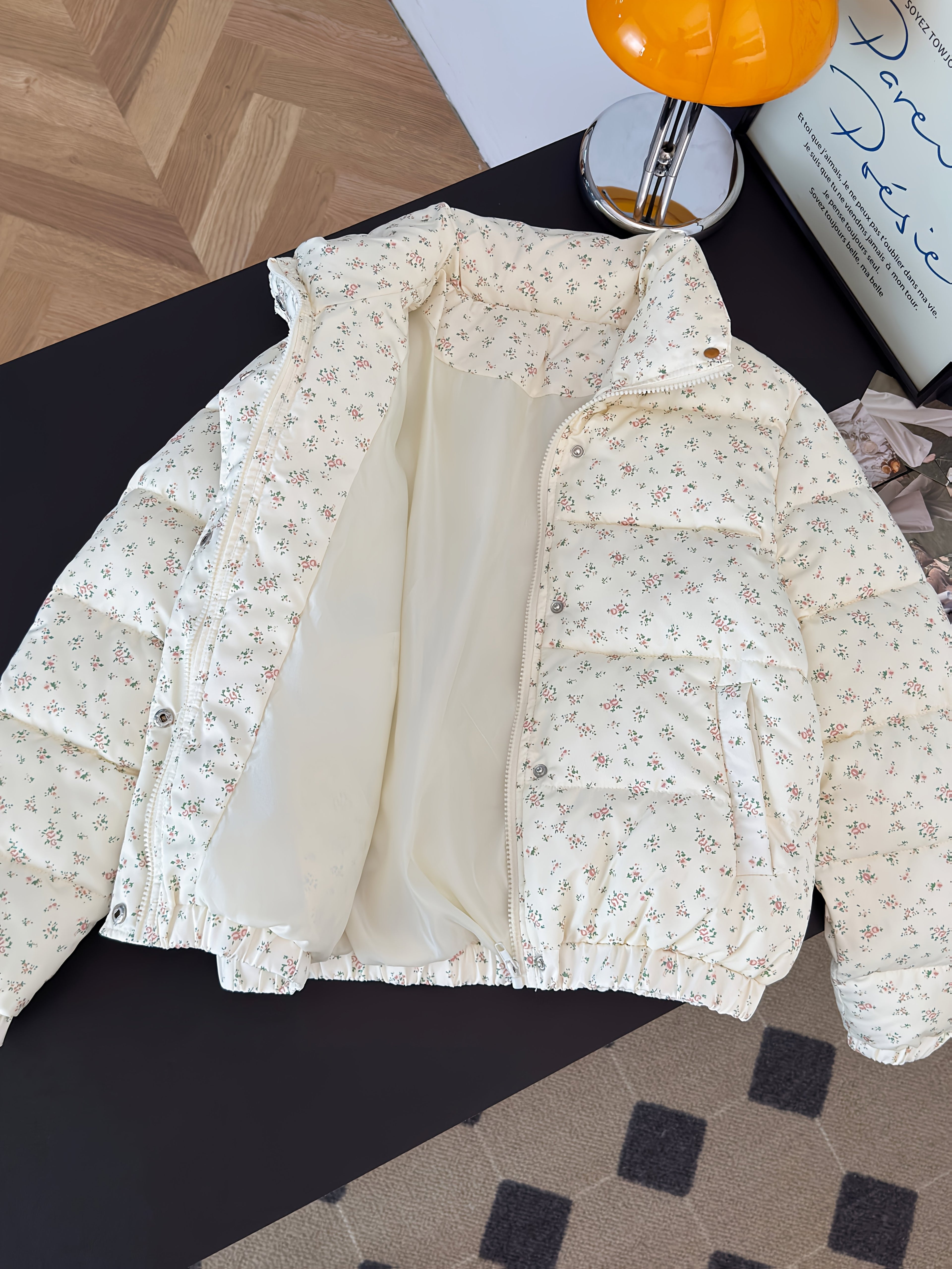 Women'S Cozy Fleece-Lined Zip-Up Jacket with Elastic Cuffs - Chic Floral Pattern, Long Sleeve, Button-Up Front, Perfect for Fall & Winter, Cozy Winter Jacket | Buttonup Front Jacket | Soft Texture Jacket