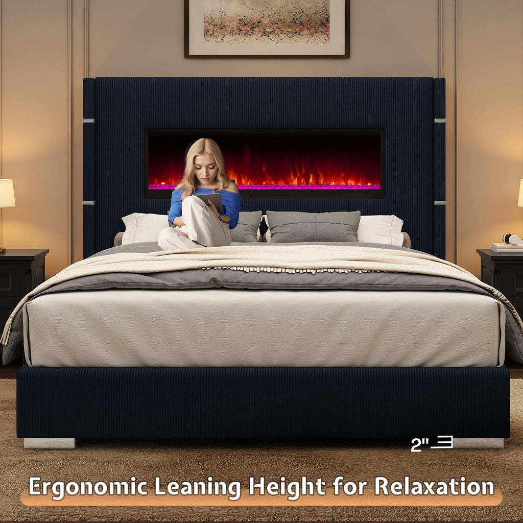 Modern California King Size Bed Frame with Electric Fireplace