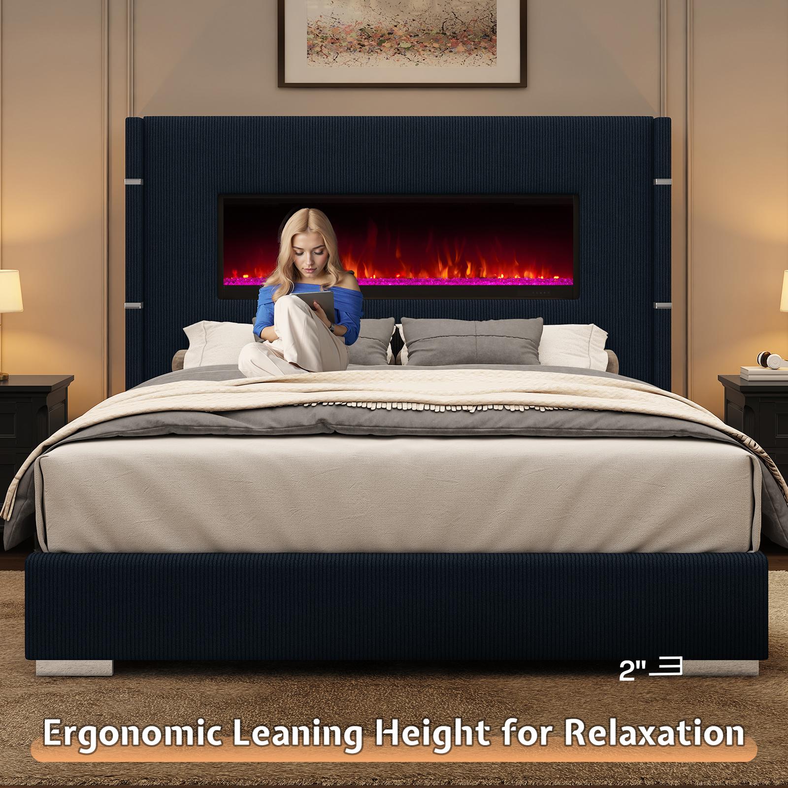 Modern California King Size Bed Frame with Electric Fireplace