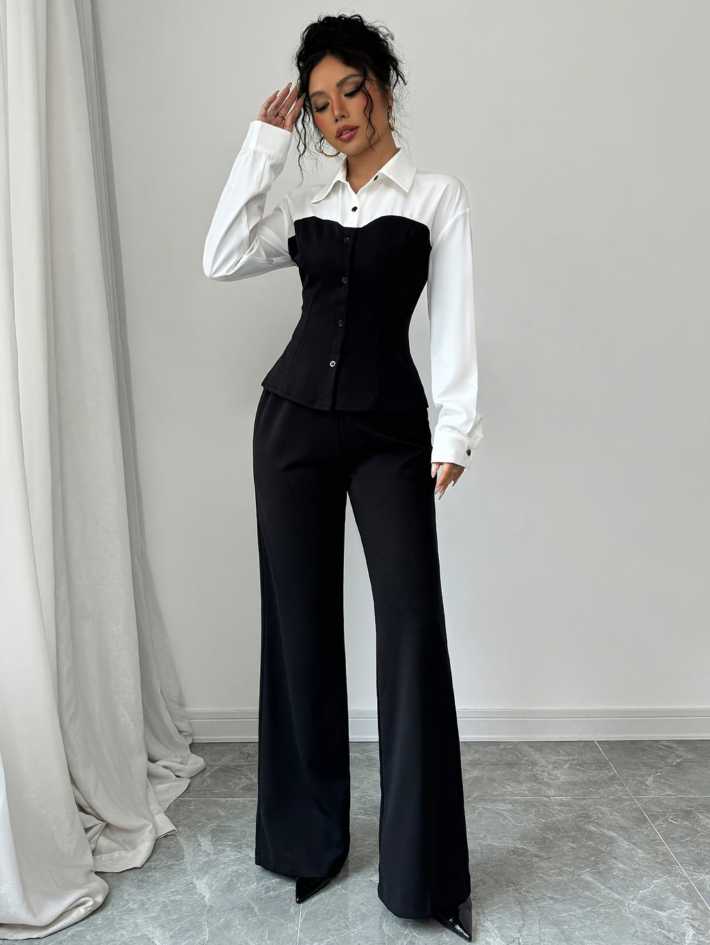 Women'S Elegant Two-Piece Outfit: Color Block Long Sleeve Shirt + Wide-Leg Pants, Polyester Blend, All-Season Wear, Casual Attire|Elegant Two-Piece|Polyester Blend