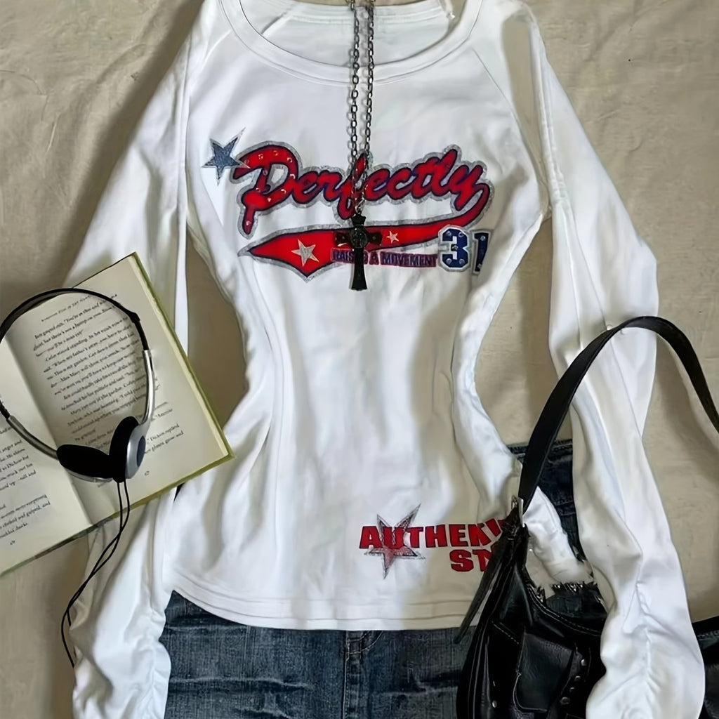 Women'S Y2K Retro Graphic T-Shirt - Long Sleeve Crew Neck Tee with Drawstring Waist, Slim Fit Casual Top for Everyday & Formal Outfits - All-Season Layering Essential