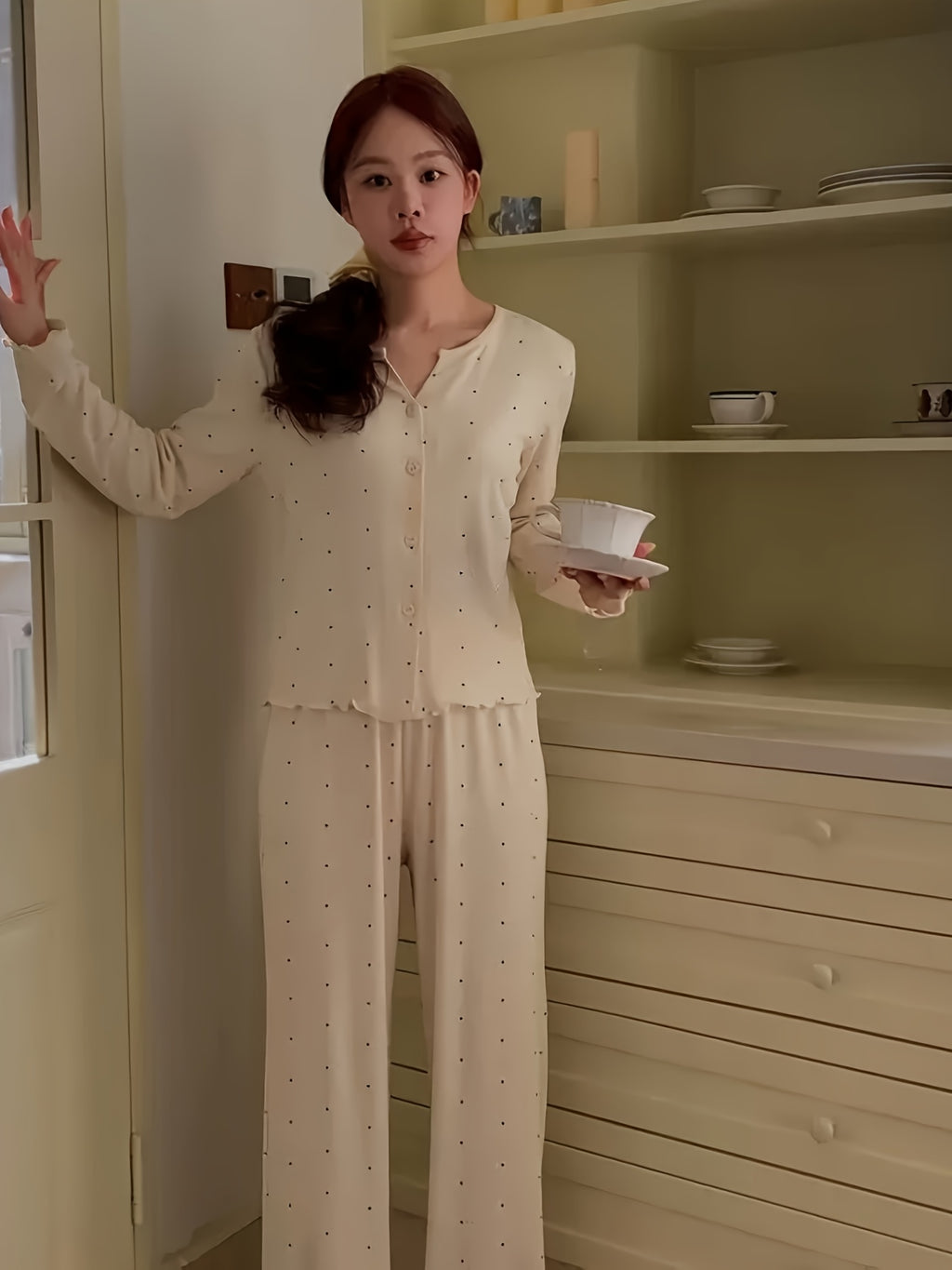 Round Neck Sweet V-Neck Cardigan Long Sleeve Pants Floral Bow Polka Dot Loose Comfortable Pajama Two-Piece Set