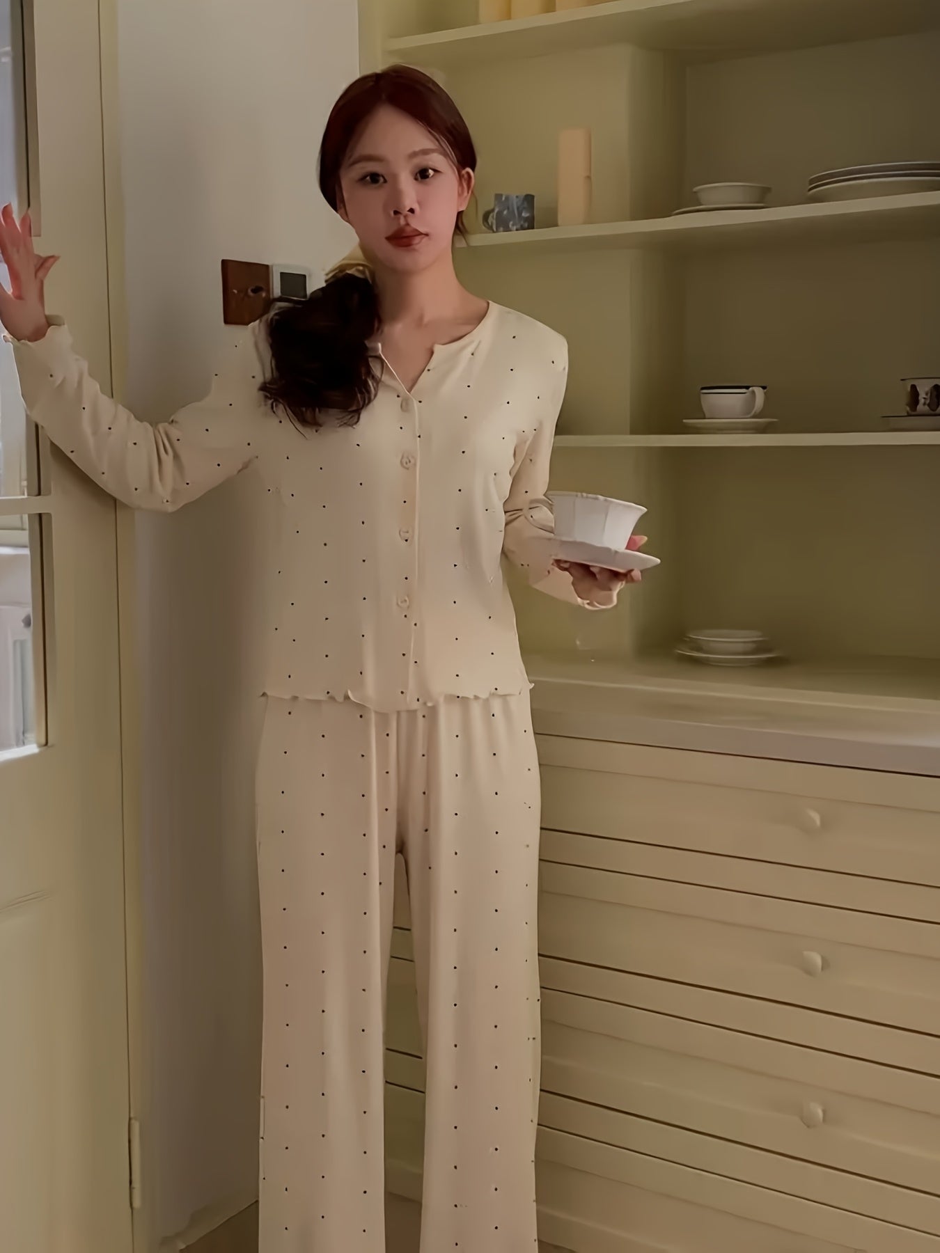 Round Neck Sweet V-Neck Cardigan Long Sleeve Pants Floral Bow Polka Dot Loose Comfortable Pajama Two-Piece Set