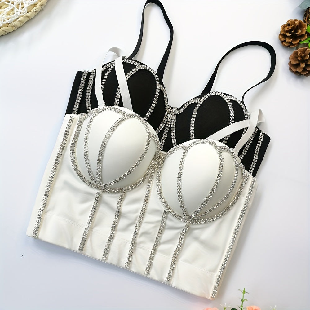 #8185 French Design Sleeveless Vest, Niche Shaping Underwear for Women, Fishbone Top with Studs and Shiny Rhinestones, Women'S Group Tightening Wrap Chest