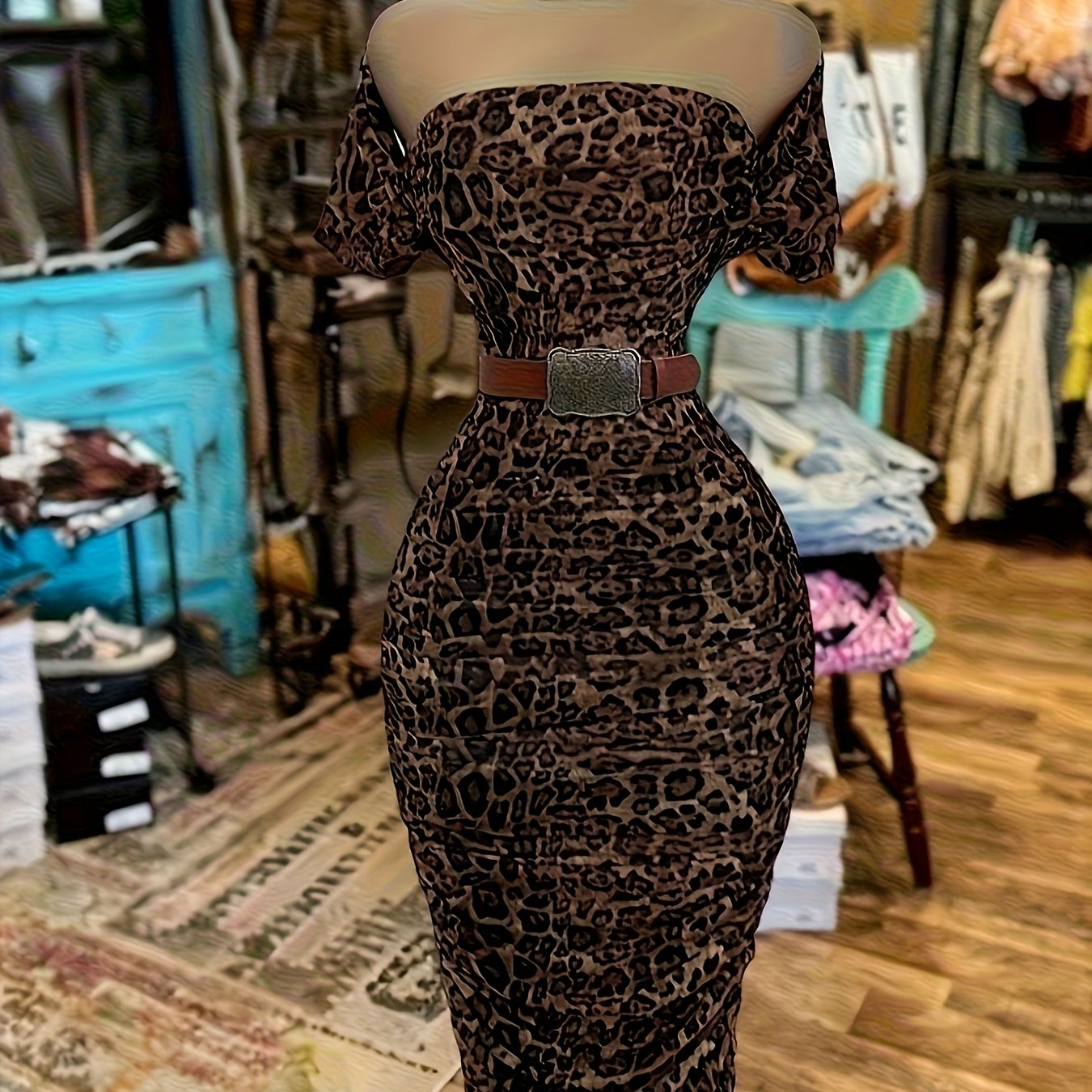 Leopard Print Short Sleeve Mermaid/Long Length Dress