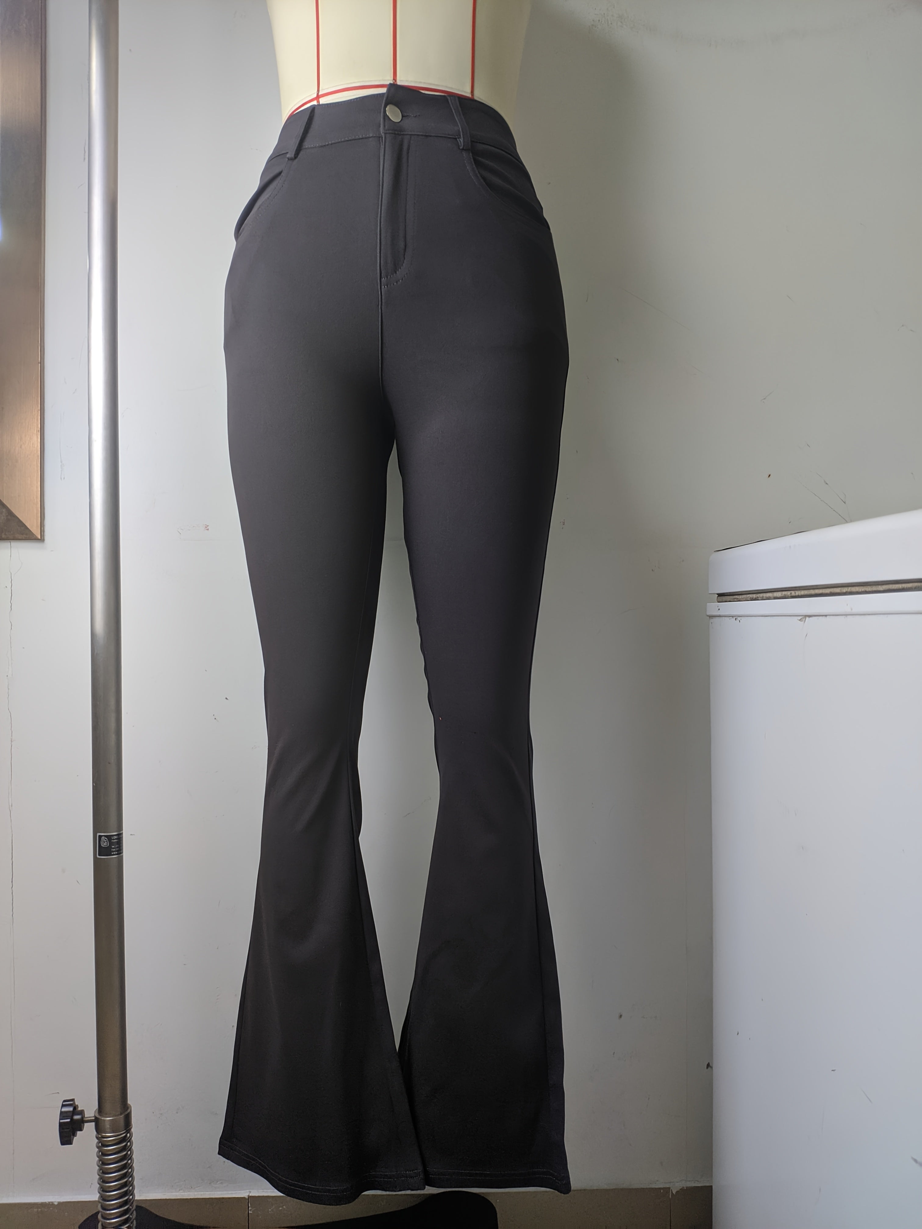 Women's Elegant High-Waist Black Denim Flare Jeans - Stretchy, Bell Bottom with Slash Pockets and Button Closure, Versatile All-Season Wear