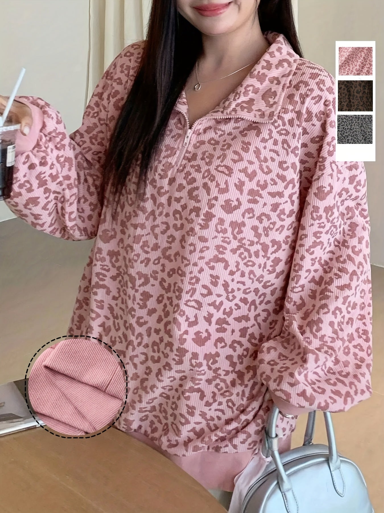 Oversized Corduroy-Textured Leopard Print Sweatshirt