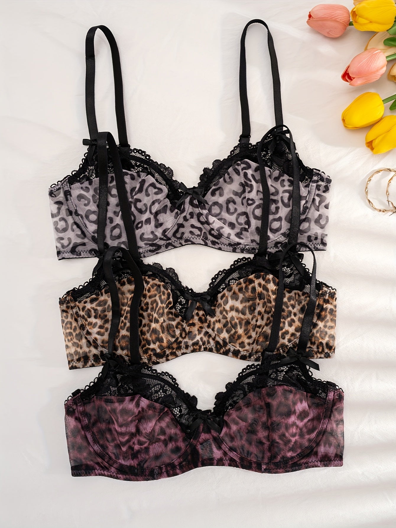 3pcs Women's Solid Color Leopard Print Underwire Comfort Bras