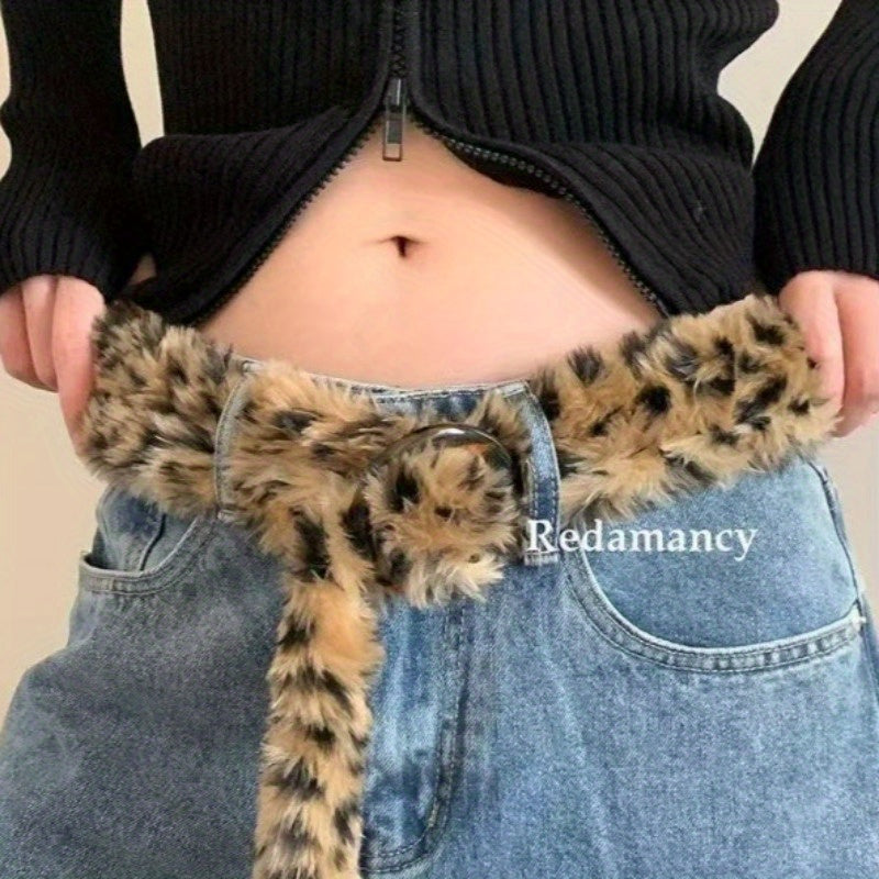 Leopard Print Imitation Leather & Plush Faux Fur Belt with Plug Buckle