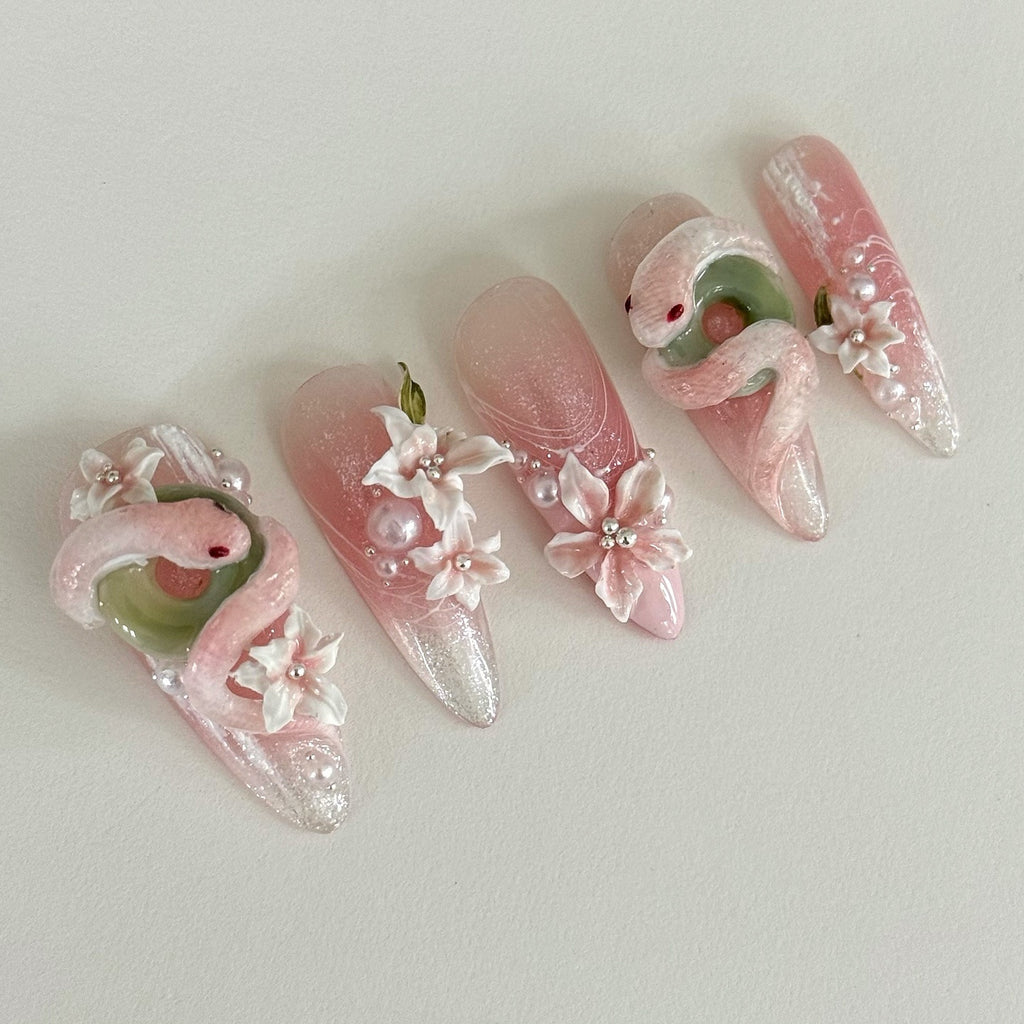 10pcs Handmade 3D Press-On Nails Almond Shape Short Length - Sweet & Edgy Snake & Flower Relief Designs with Glitter 3D Layered Nail Art Suitable for Women's Daily Wear, Parties, Christmas Gift (Handmade Press-On Nails)