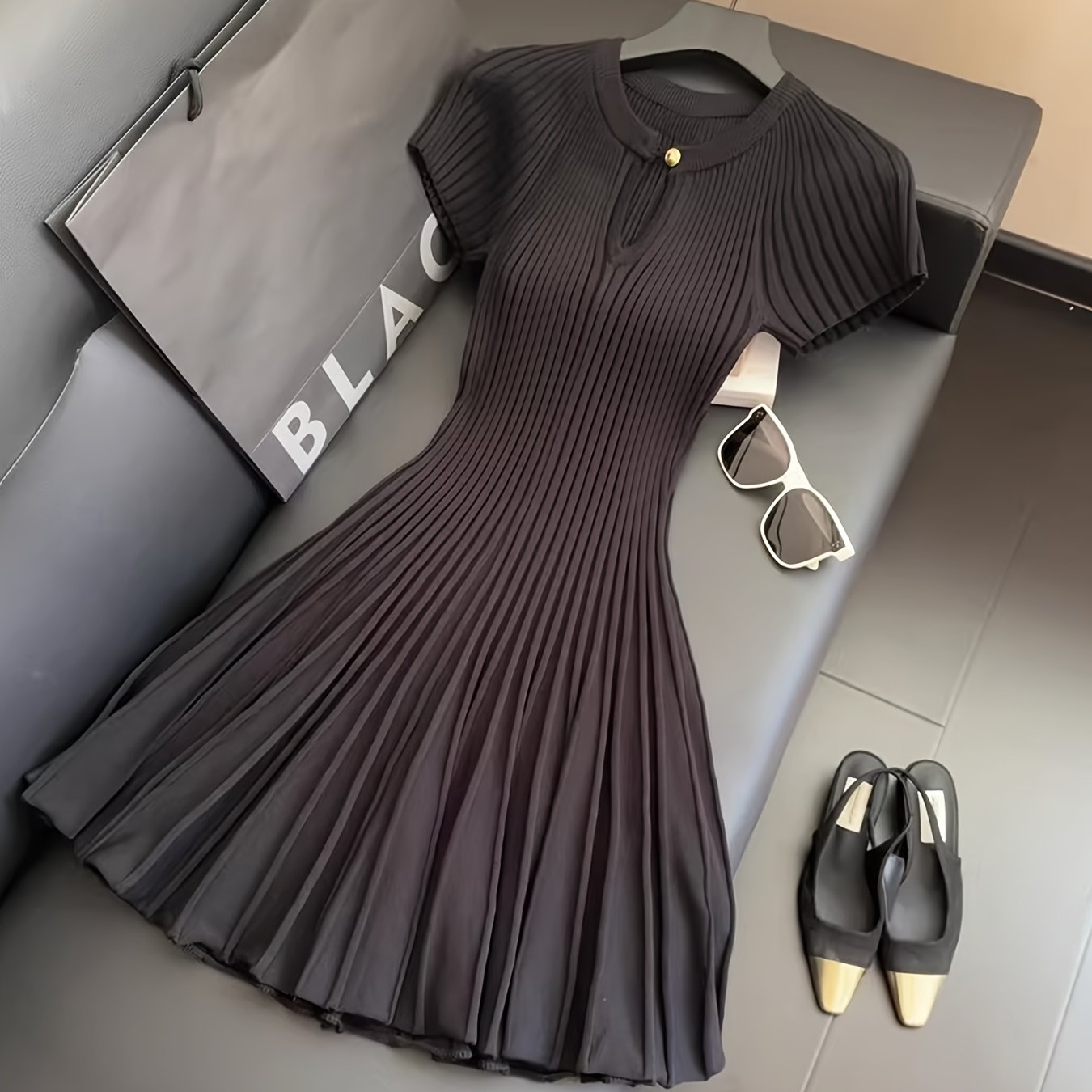 Short Sleeve Dress with Waist-Cinching Belt & Pleated Detailing