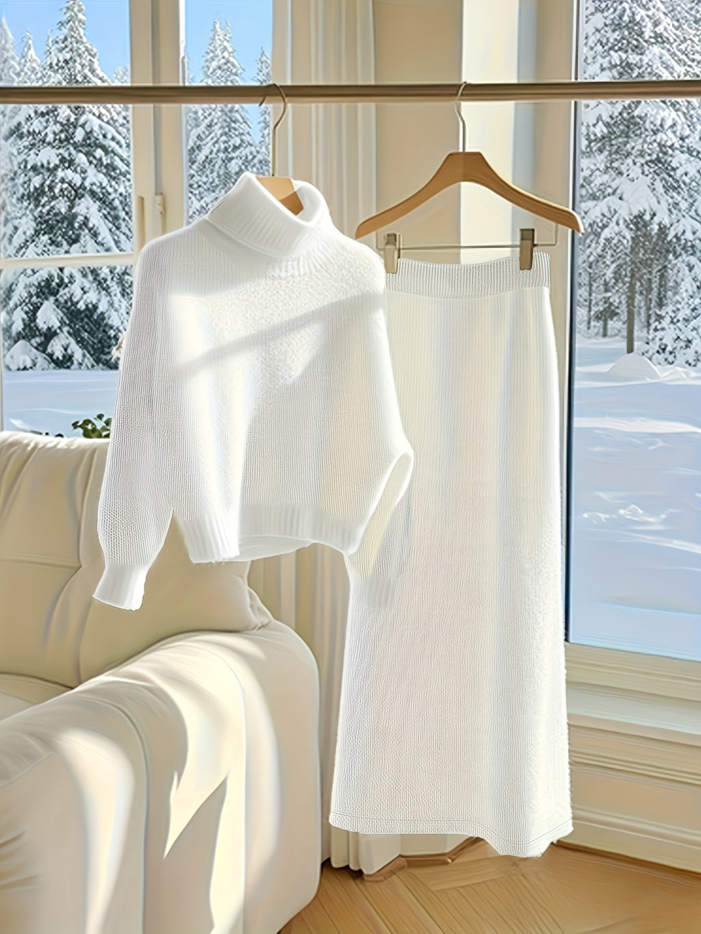 White Plus Size Cozy Sweater and Skirt Set