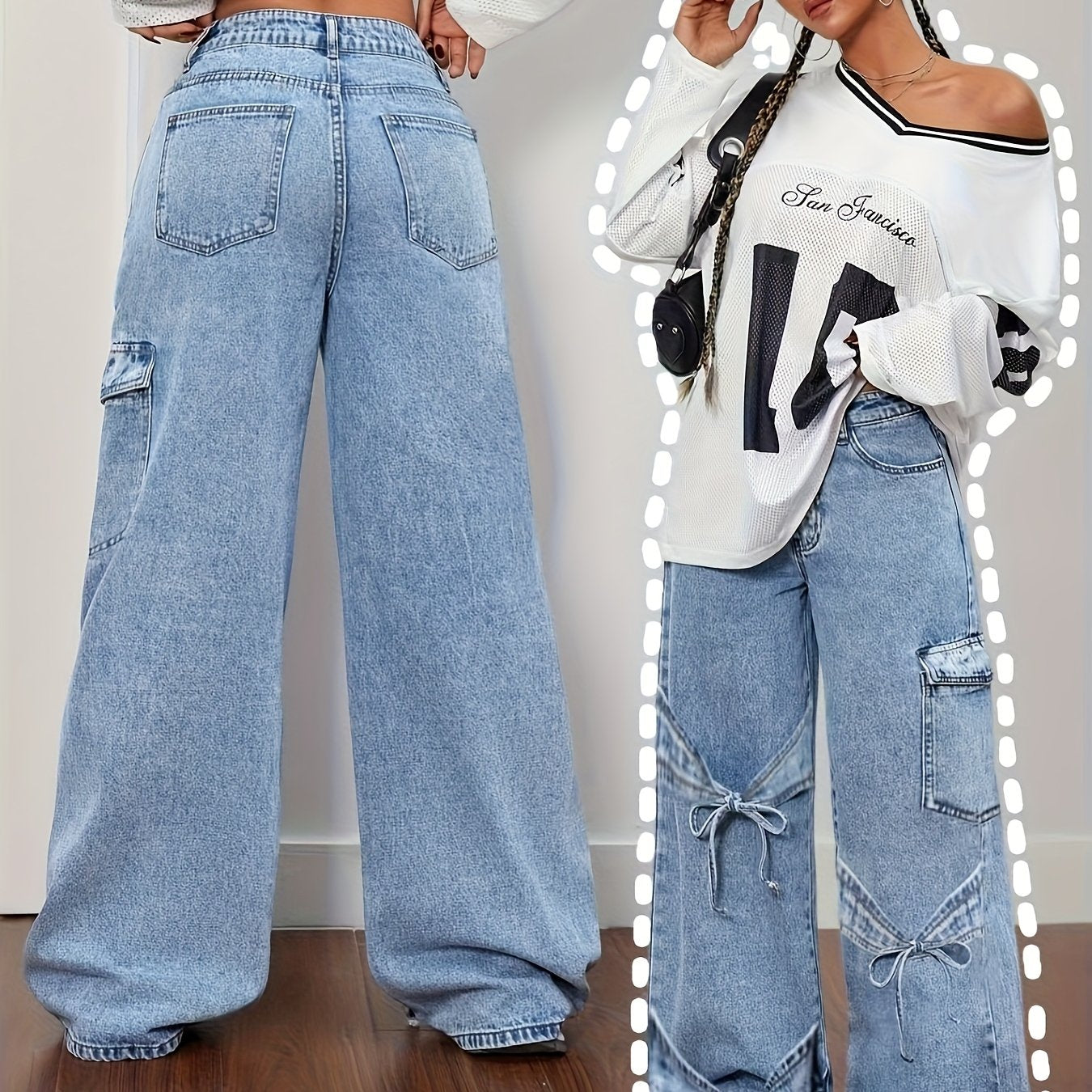 Denim Curved Bow Side Pocket Straight Trousers