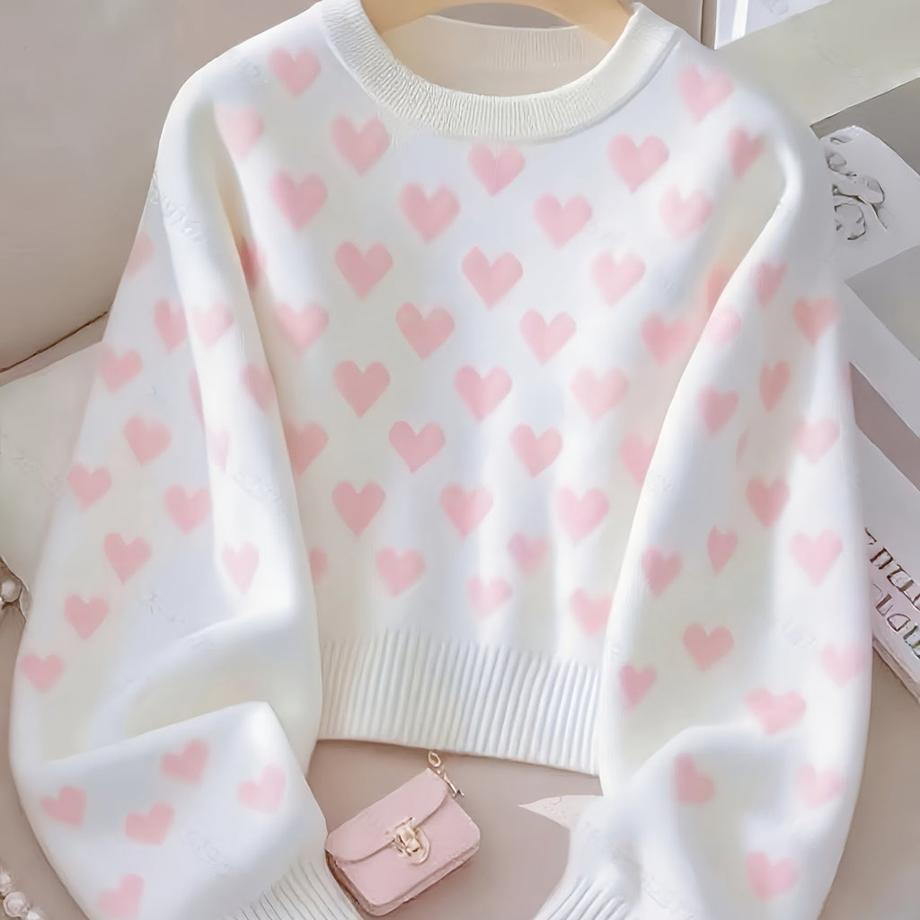 Women'S Pink Heart Sweater - Soft & Cozy Long Sleeve Pullover with Round Neck, Elegant Casual to Formal Wear, All-Season Comfort, Casual Wear Sweater | Round Neck Sweater | Soft Texture