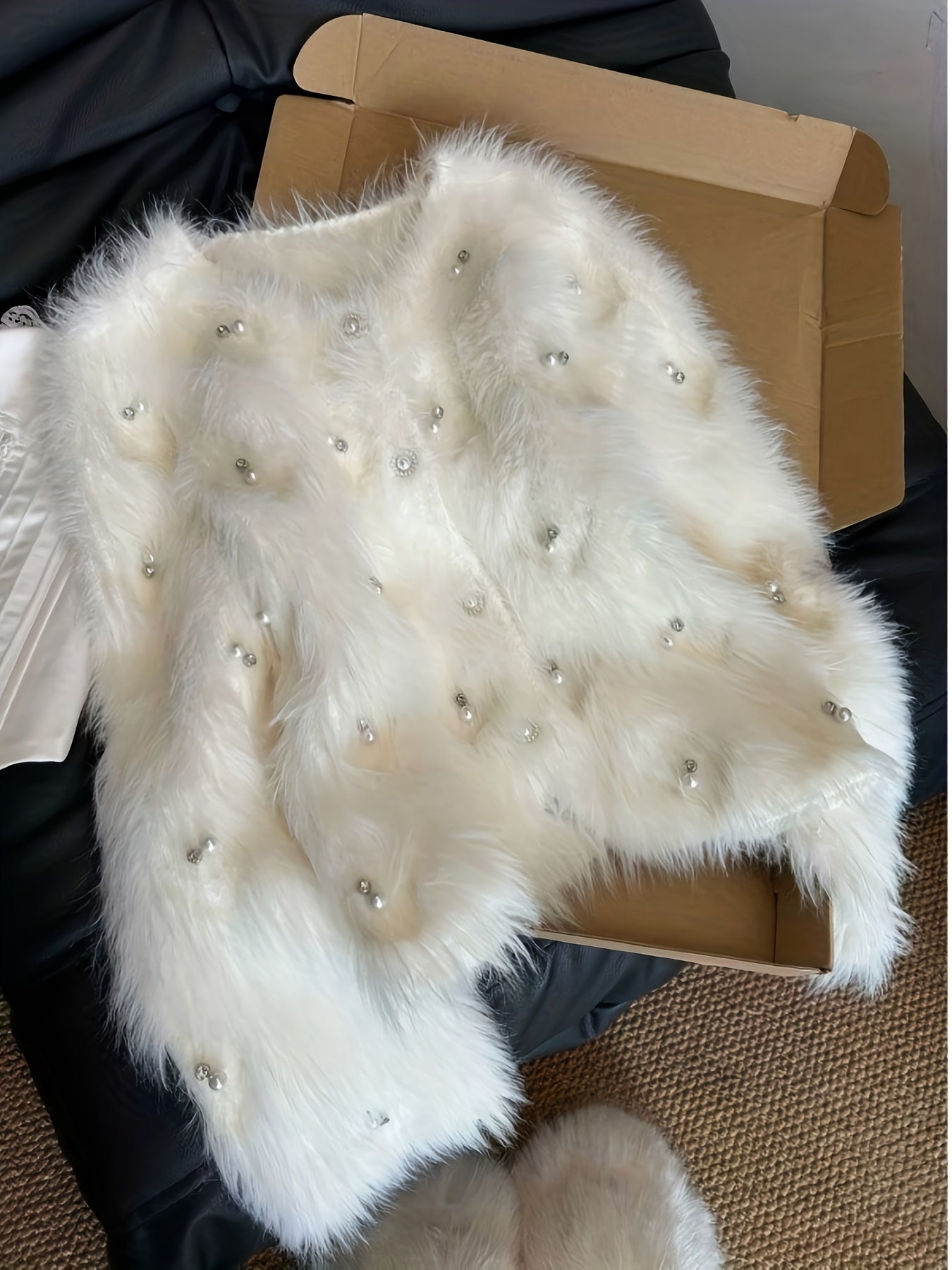 Pearl-Adorned White Sweater Jacket