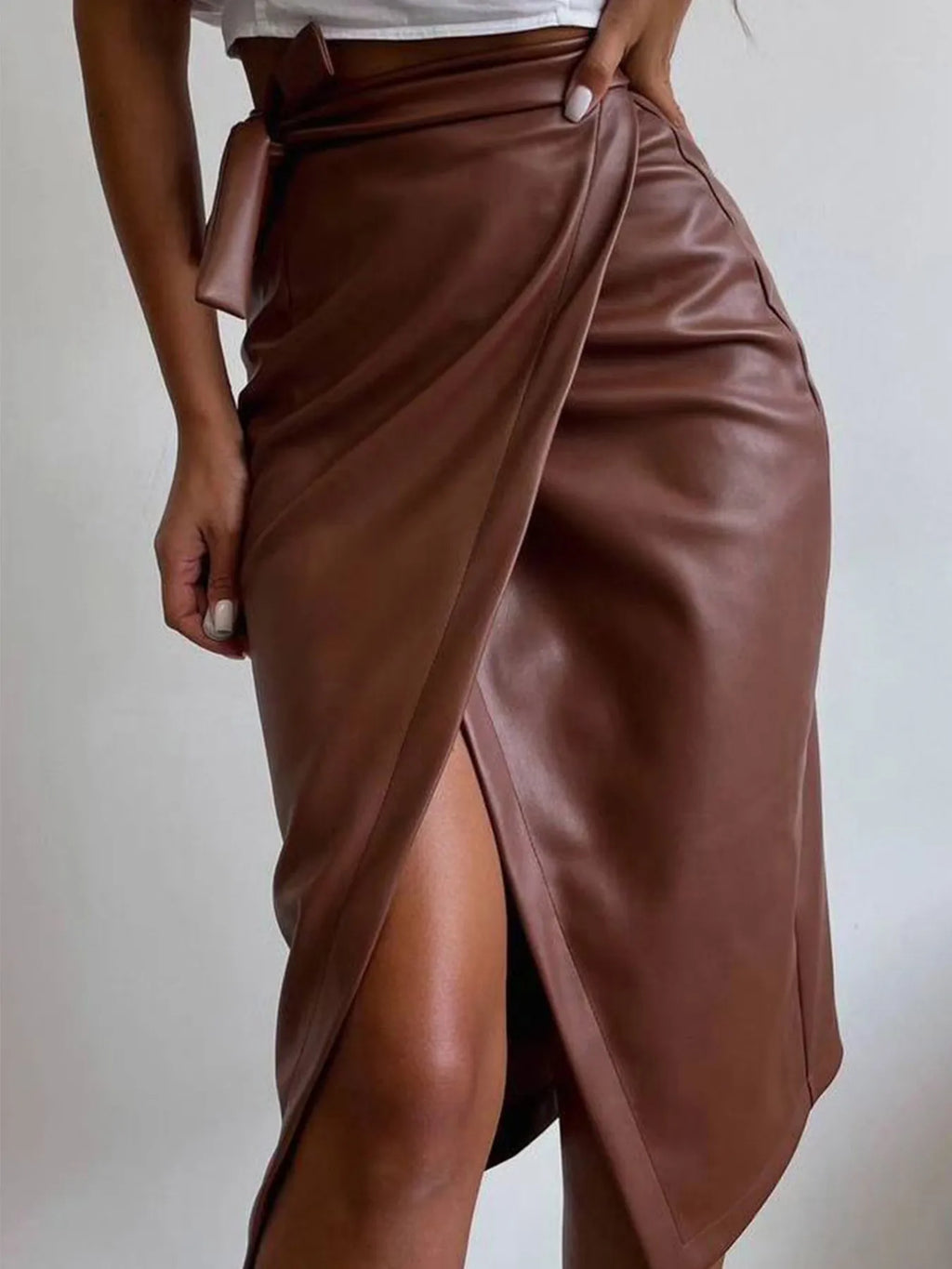 Slit Leather Midi Skirt