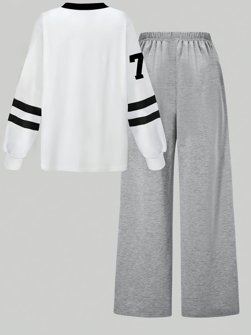 [2pcs} Digital Print Versatile V-Neck Top and Simple Wide-Leg Pants Set