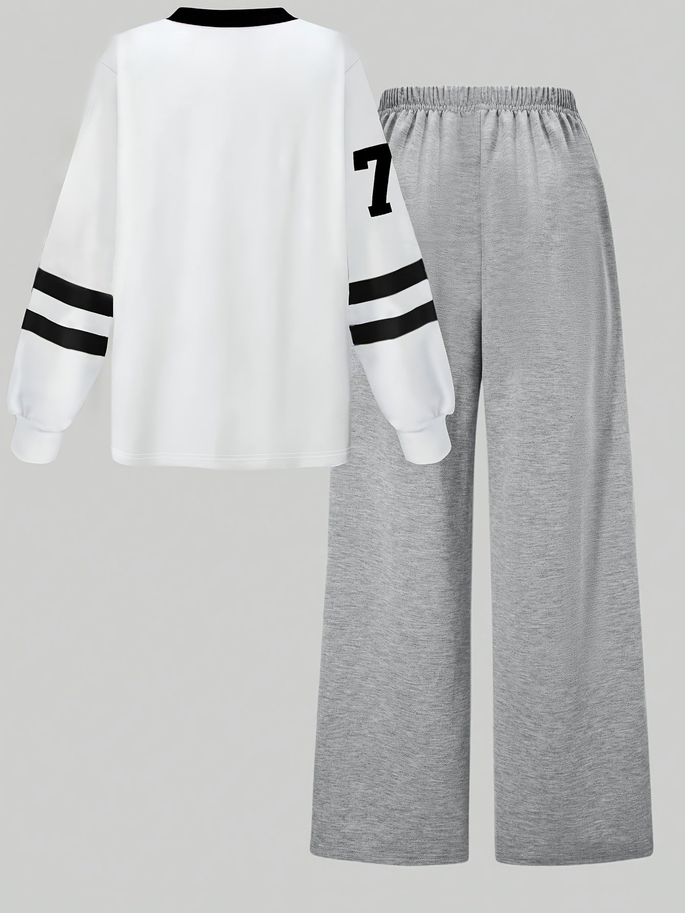 [2pcs} Digital Print Versatile V-Neck Top and Simple Wide-Leg Pants Set