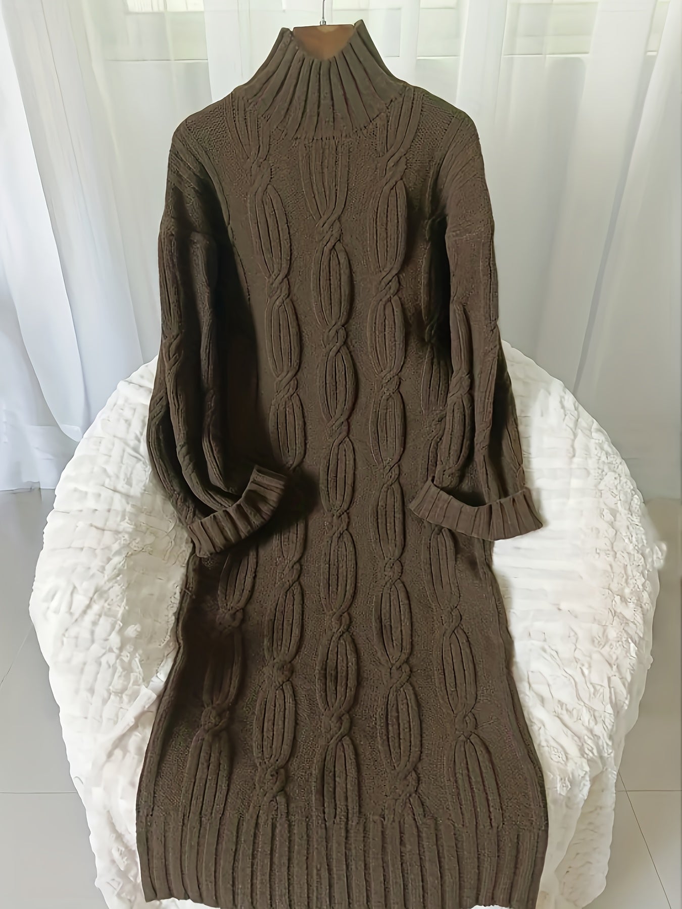 Vintage Drawstring High Neck Long Sleeve Fabric Dress