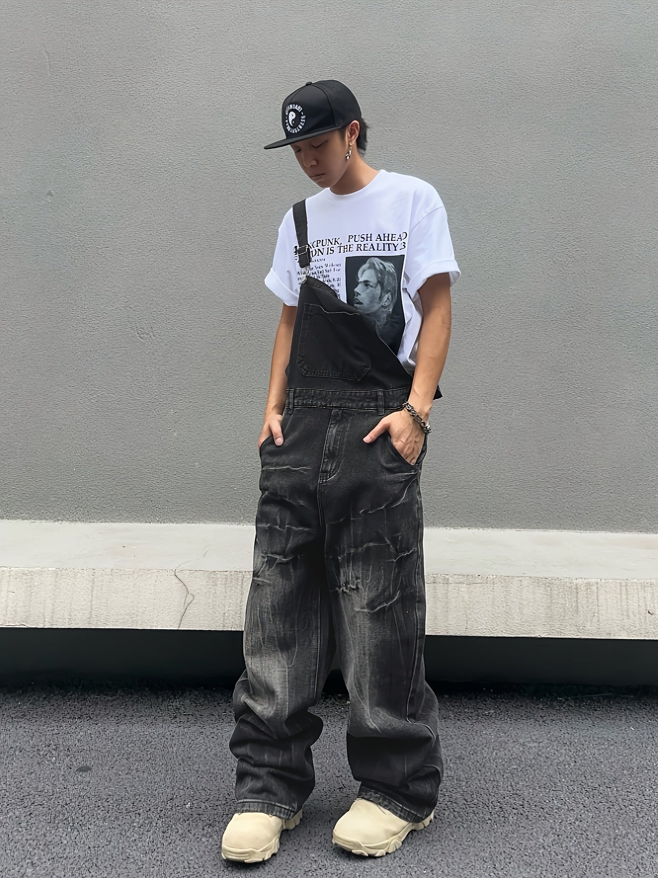 Heavy-Duty Distressed Denim Overalls Jumpsuit