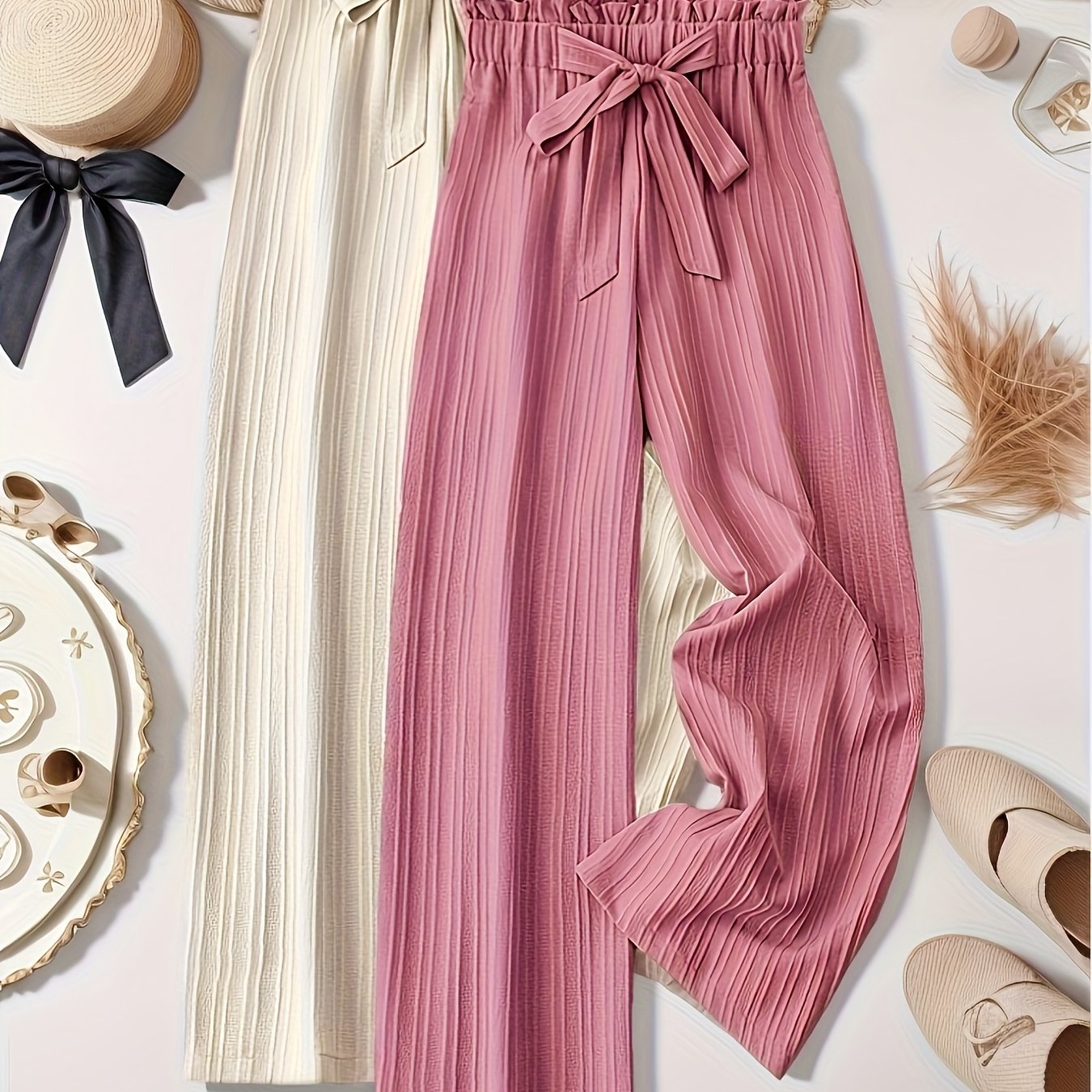 Two-Pack Pleated Striped Pants with Bow Detail