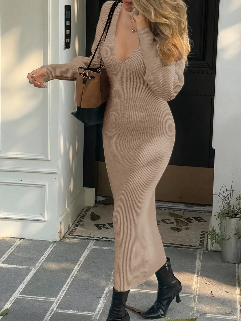 Women's Elegant V-Neck Maxi Dress - Winter Long Dress with V-Neck Bodice & Slim-Fit, Machine Washable Solid Color Dress for Weddings, Parties, - Versatile Fall Winter Wedding Guest Gown (LL168) - Non- Dress, No Bulk