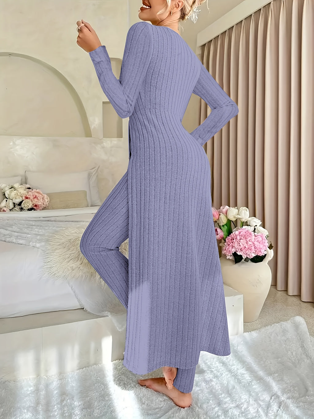Two-piece Set of Ribbed Long-sleeved Top and Pants