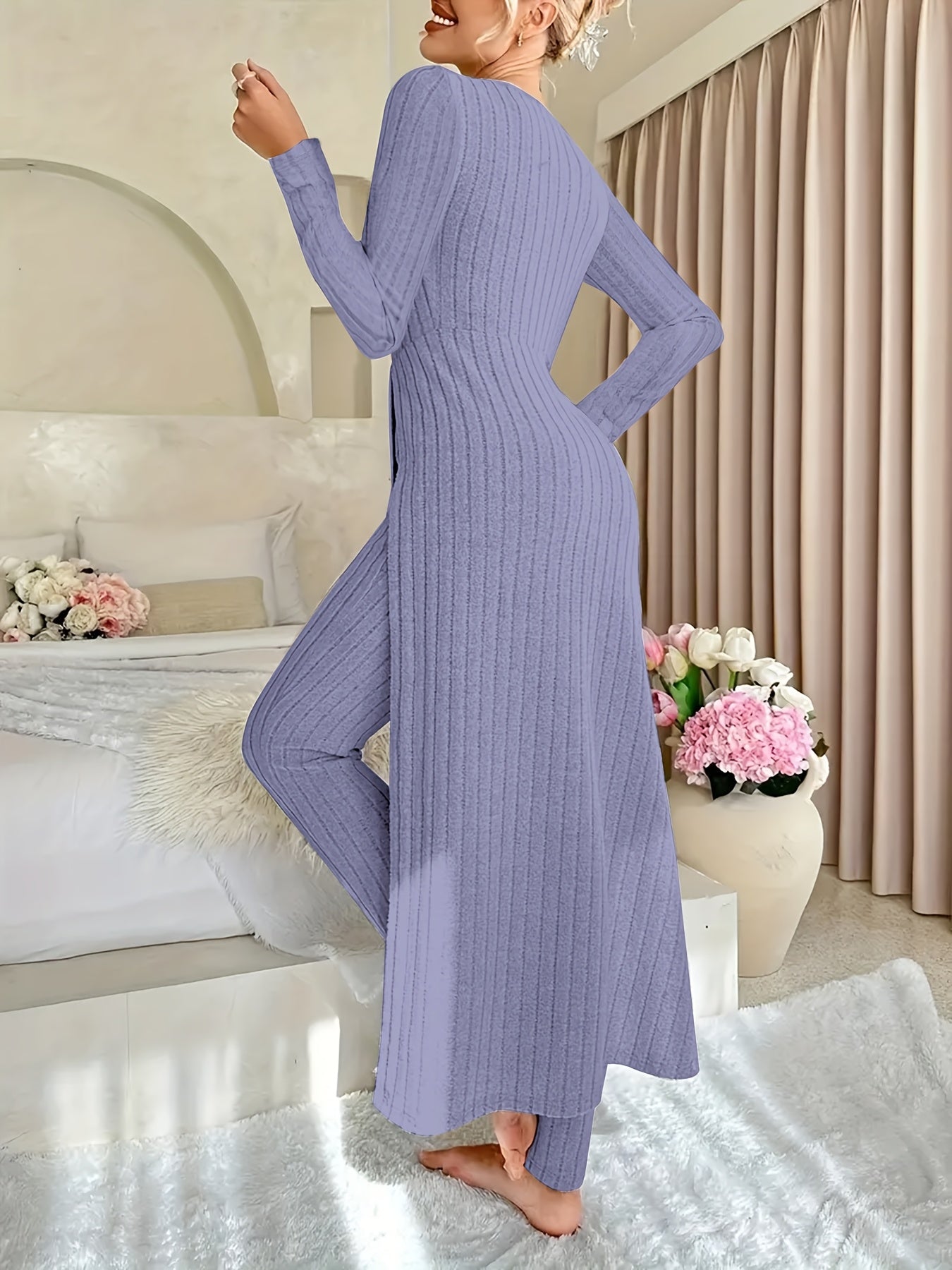 Two-piece Set of Ribbed Long-sleeved Top and Pants