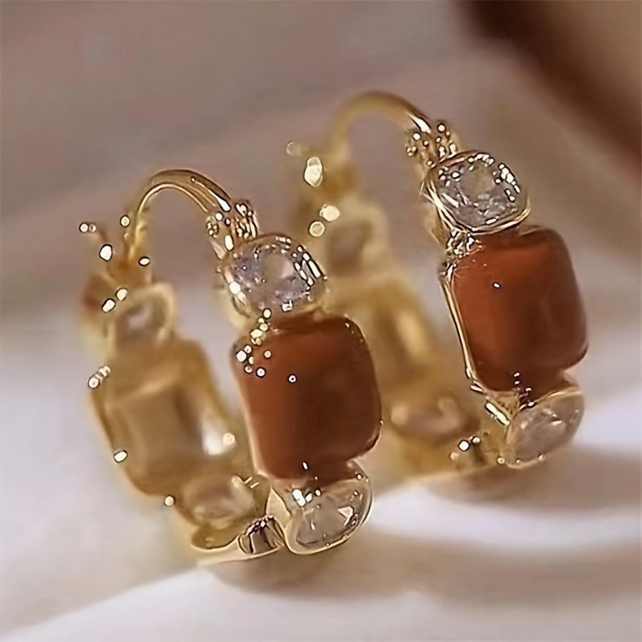 14K Golden Plated Zinc Alloy Hoop Earrings with Artificial Crystal Mosaic, Geometric Enamel Design