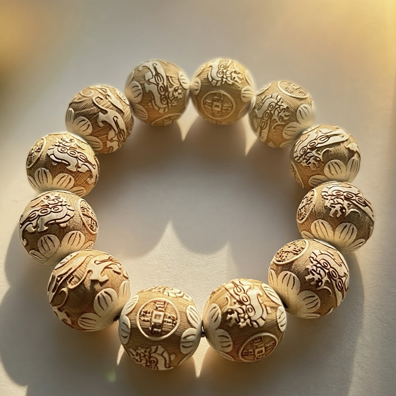 Wooden Carved Bracelet with Dragon and Phoenix Auspicious Patterns