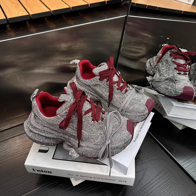 Rhinestone-Adorned Thick-Soled Dad Sneakers