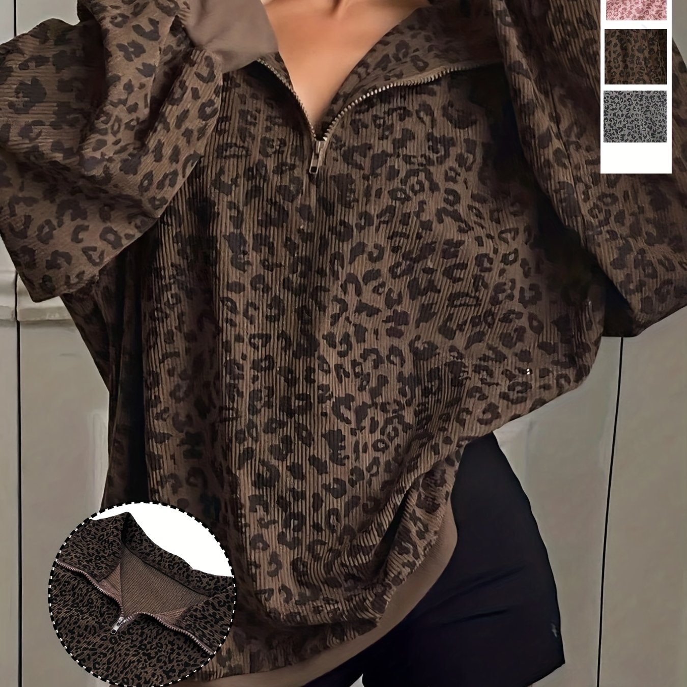 Oversized Corduroy-Textured Leopard Print Sweatshirt