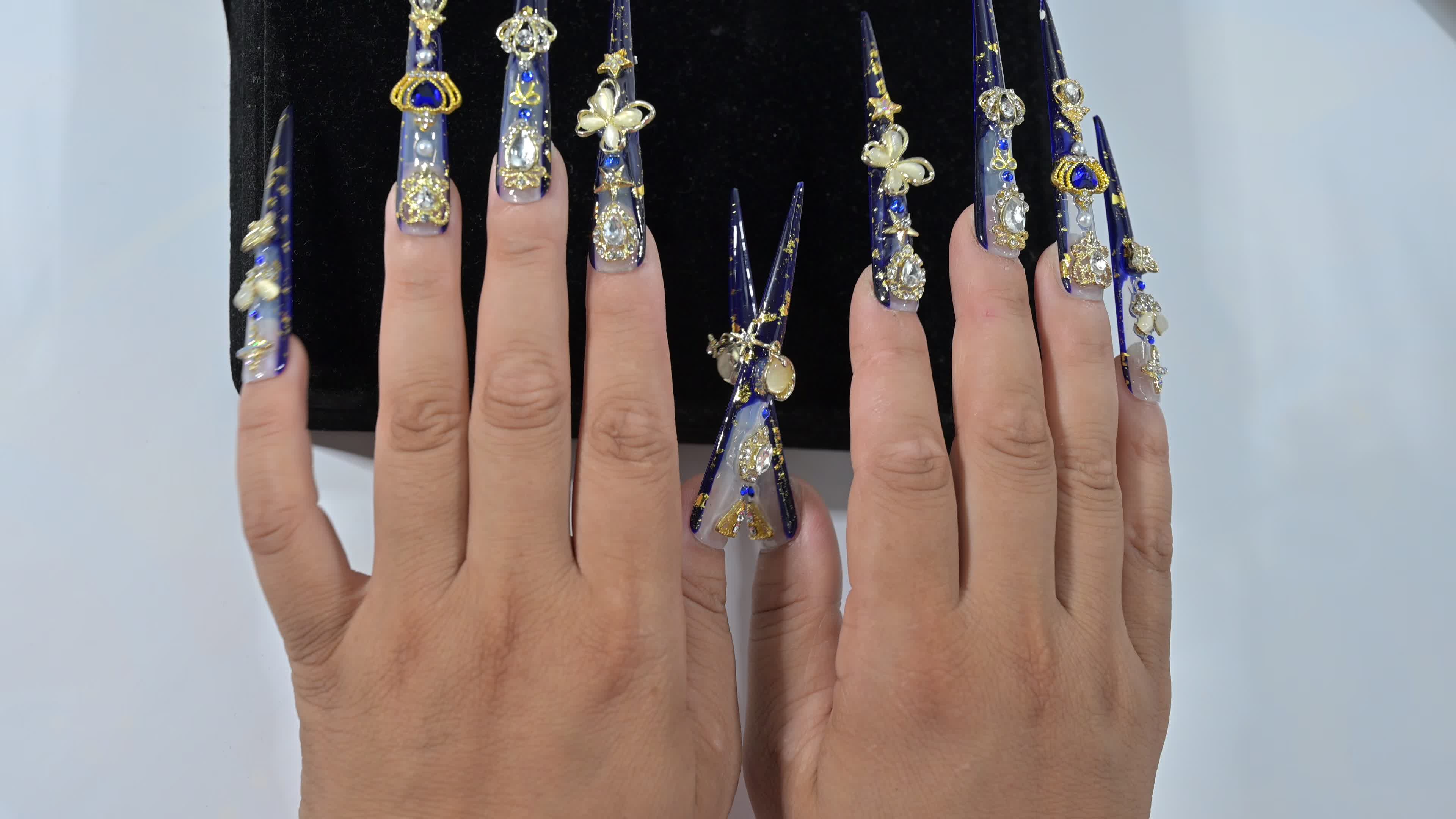 Handmade Luxury Limited XL Stiletto Press-On Nails - 3D Golden Crown & Butterfly Charms