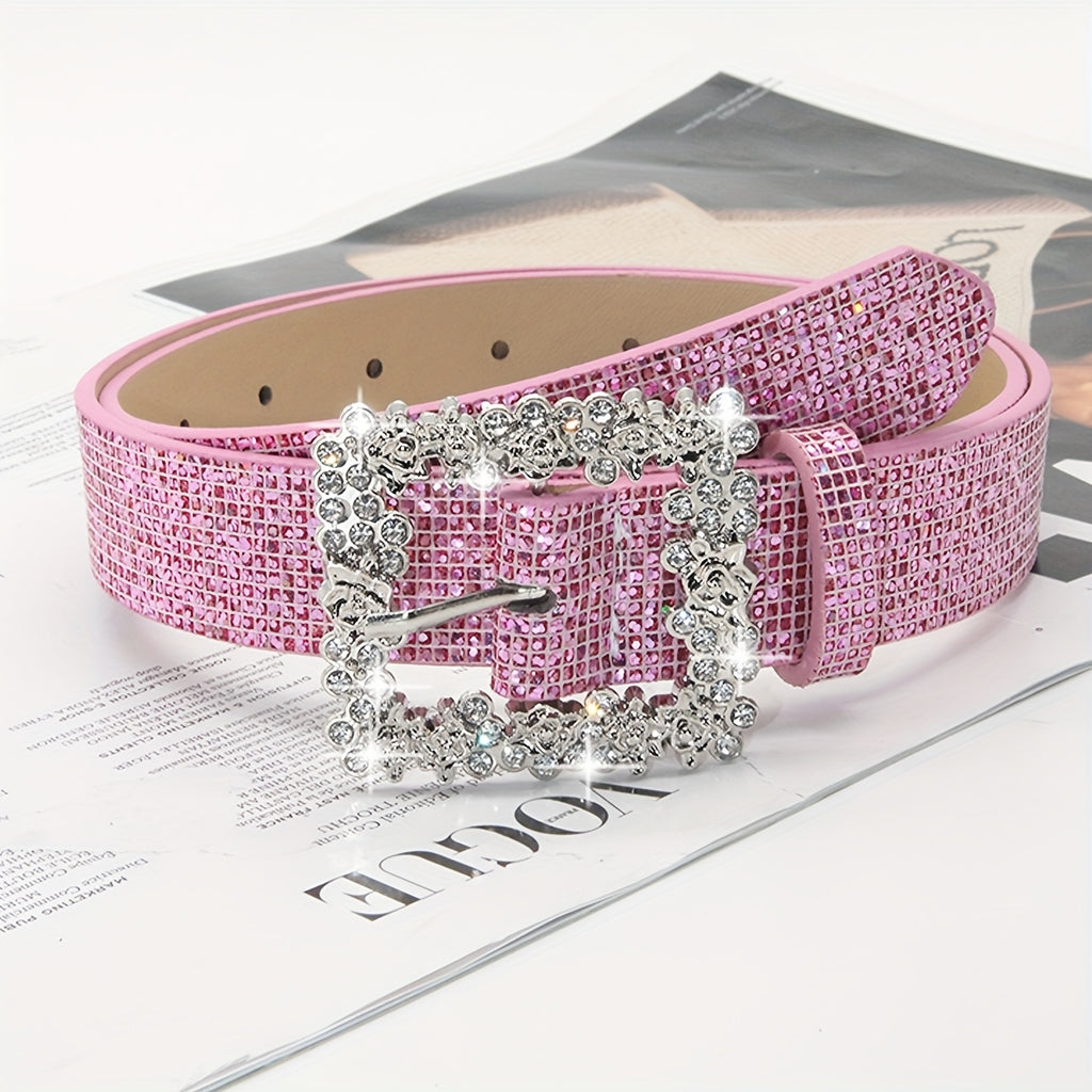 Rhinestone PU Leather Belt with Metallic Buckle