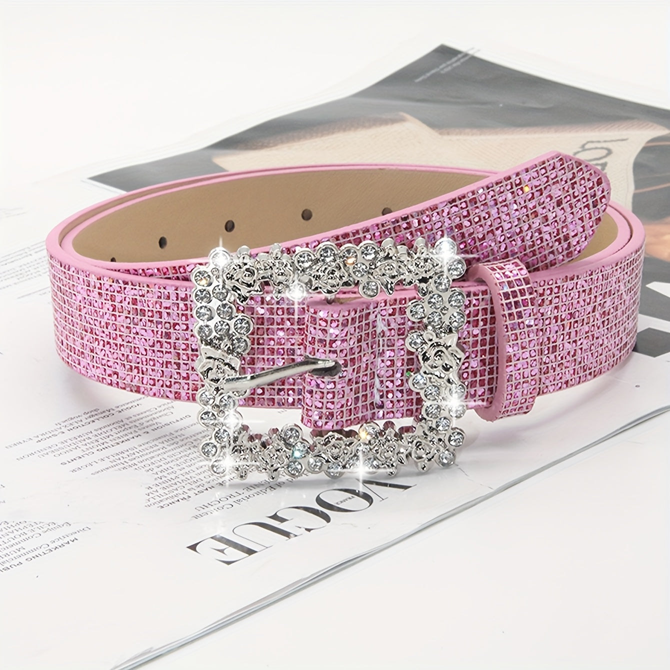Rhinestone PU Leather Belt with Metallic Buckle