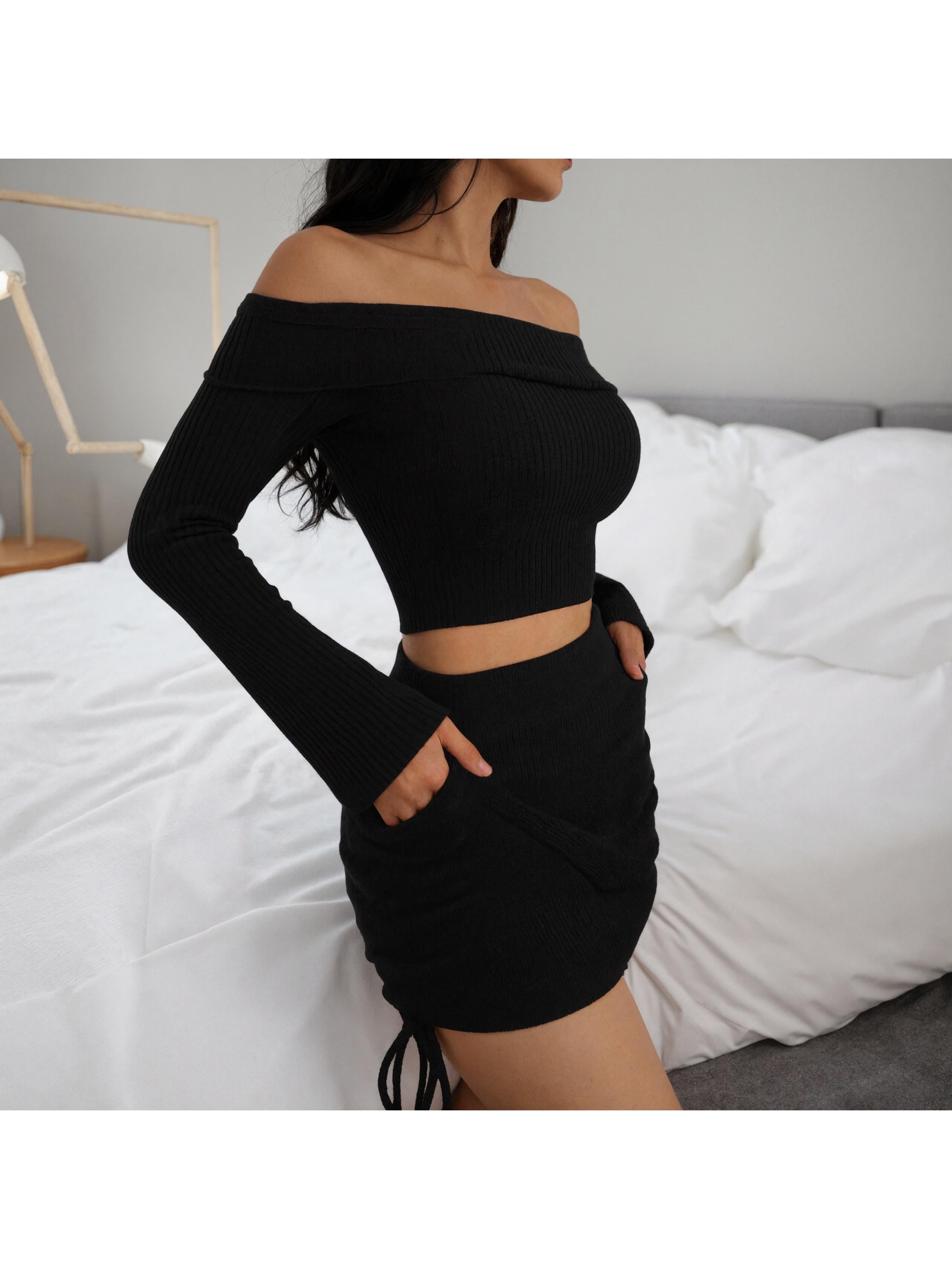 Off Shoulder Crop Top & Ruched Skirt Set