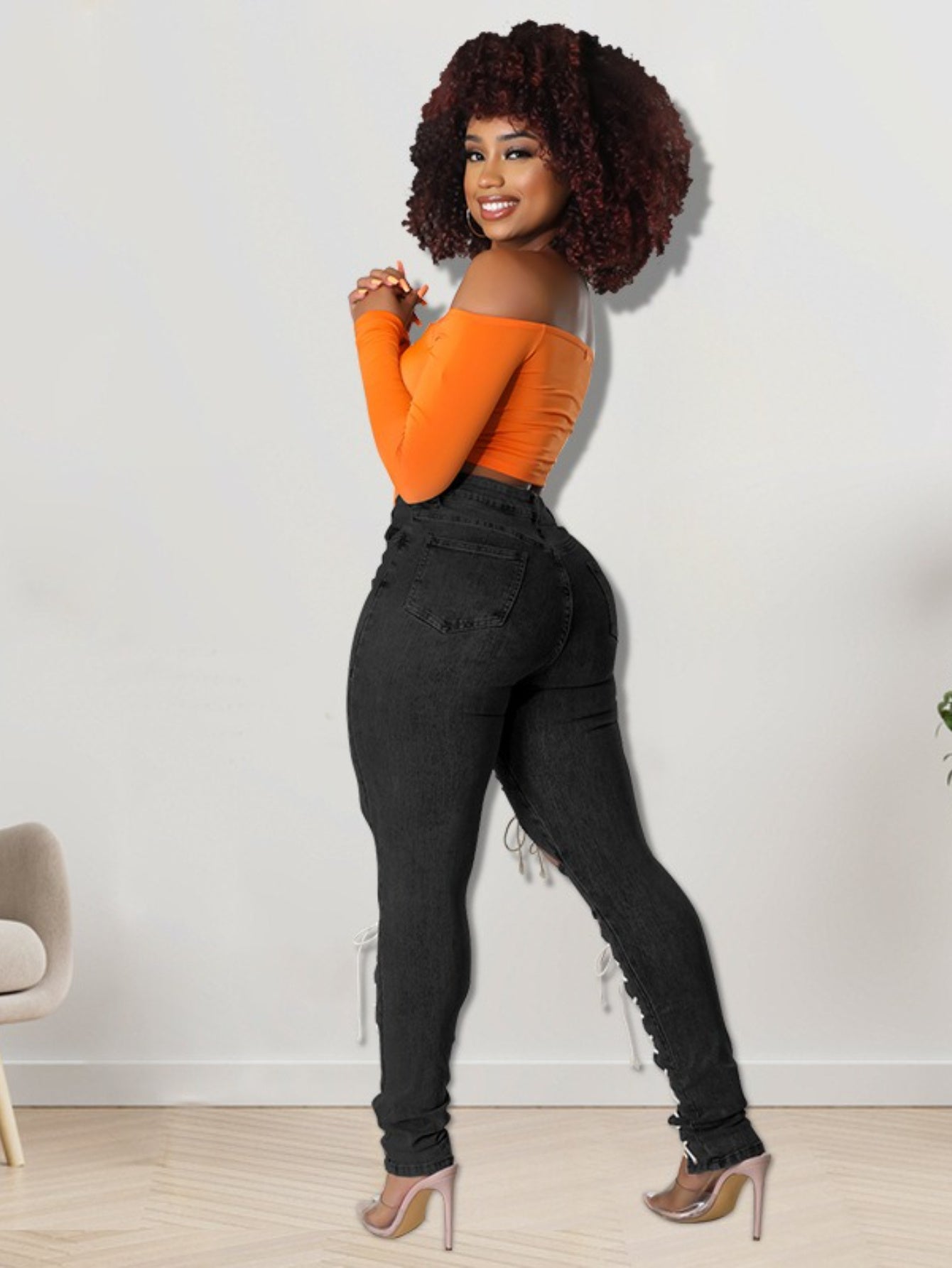 Cropped Denim Jeans with Lace-Up Detail